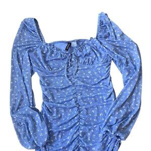 Sheer Baby Blue Floral Ruched Body-con long sleeve Mini dress Size Small